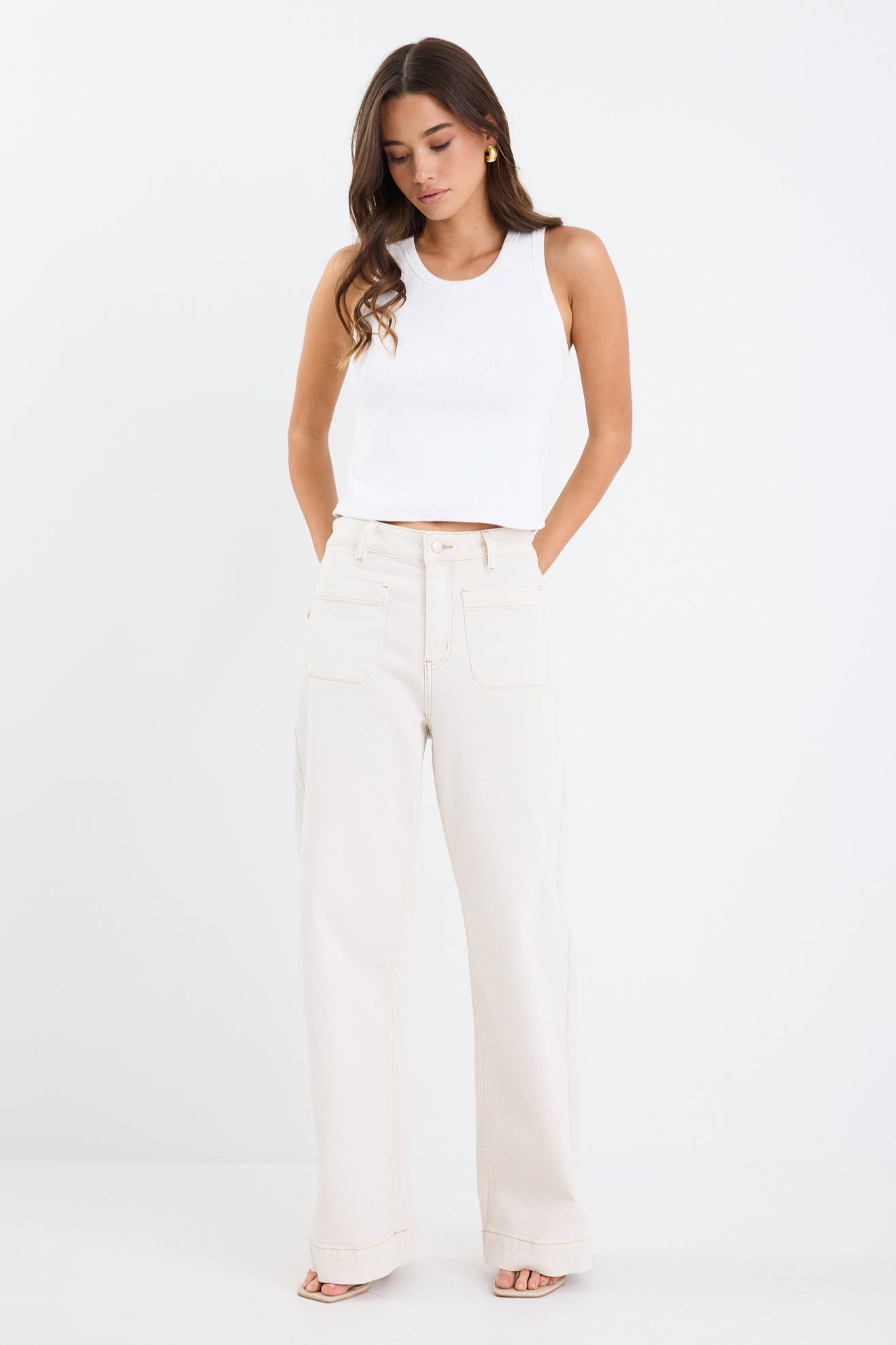 Zoey Ecru High Rise Wide Leg Pocket Jean