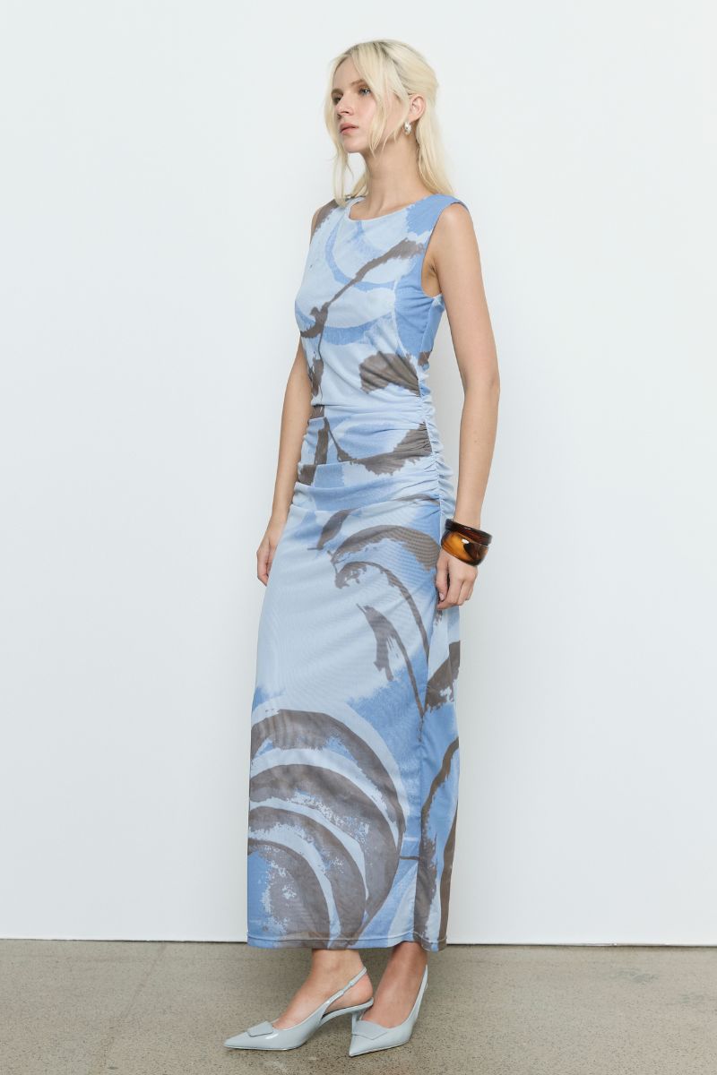 Whirl Slate Mesh Print Sleeveless Maxi Dress