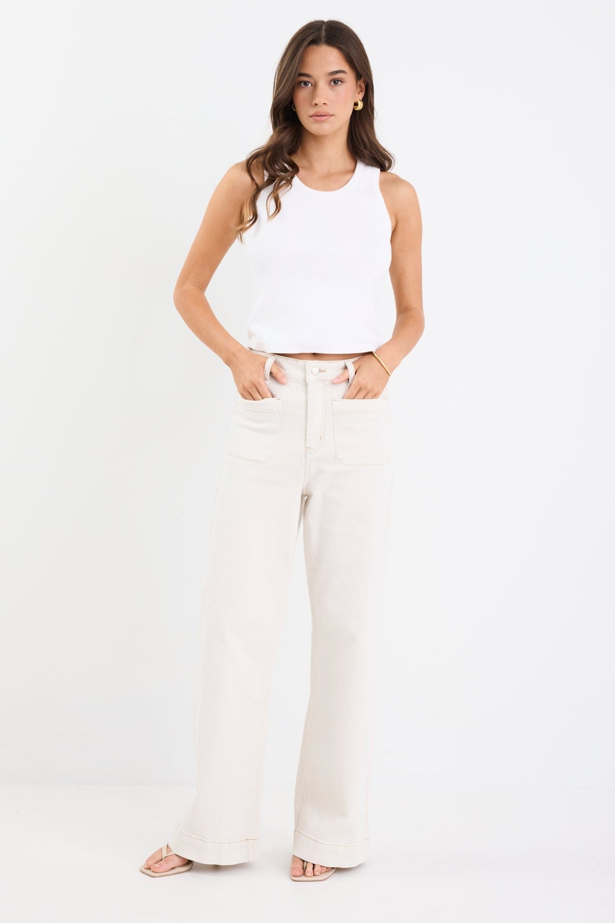 Zoey Ecru High Rise Wide Leg Pocket Jean