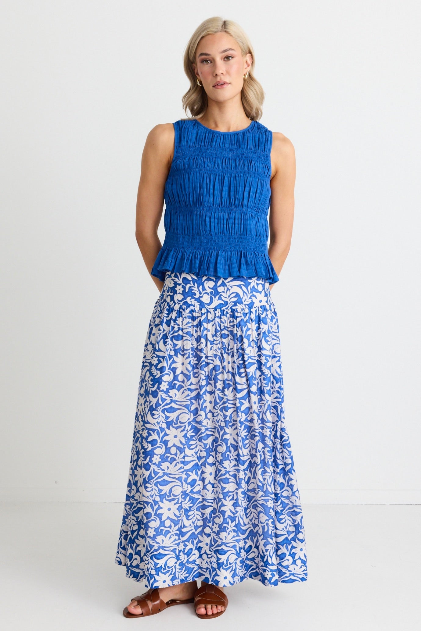 Tuscany Cobalt Blue Shirred Cotton Sleeveless Top