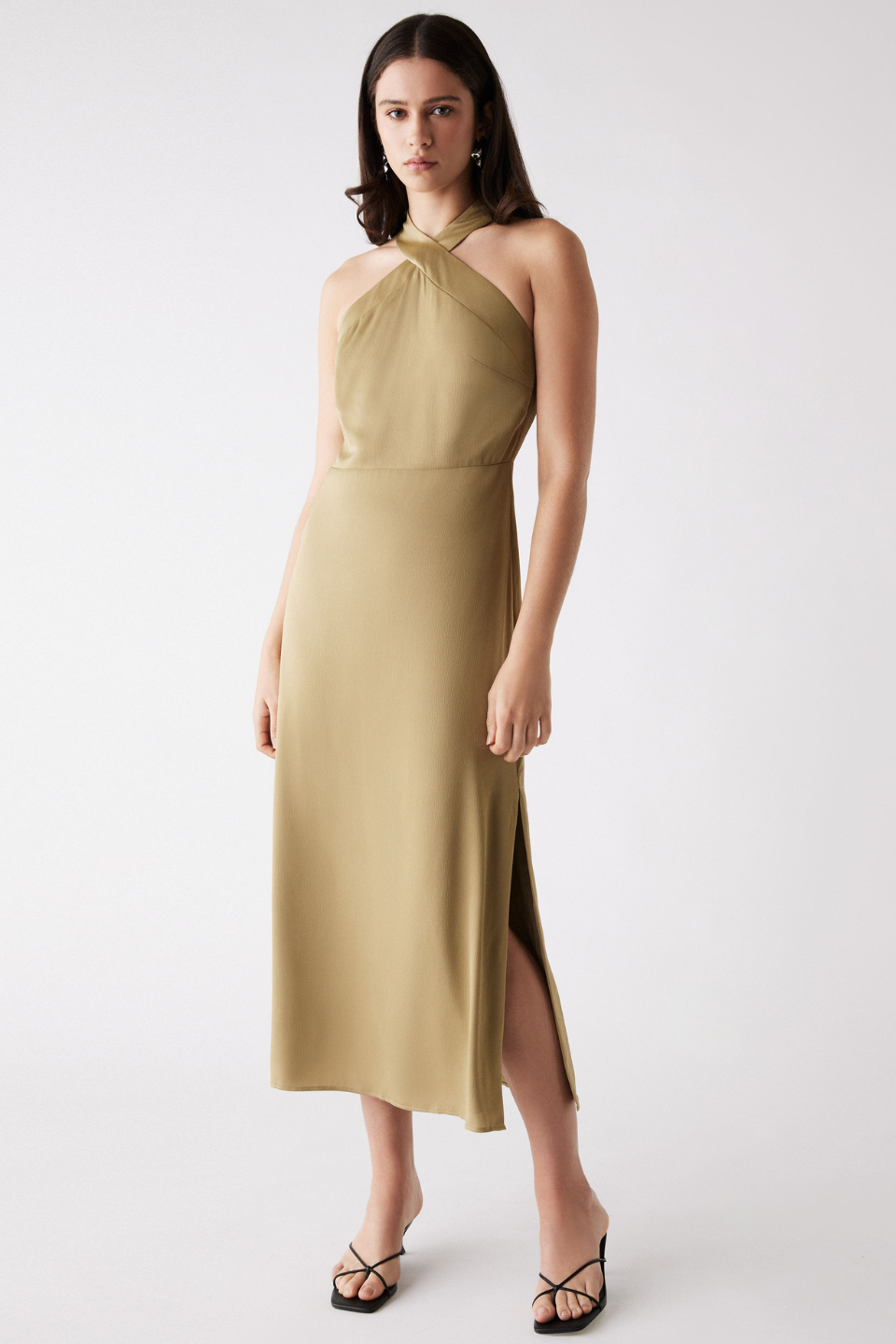 Sevilla Olive High Neck Sleeveless Midi Dress