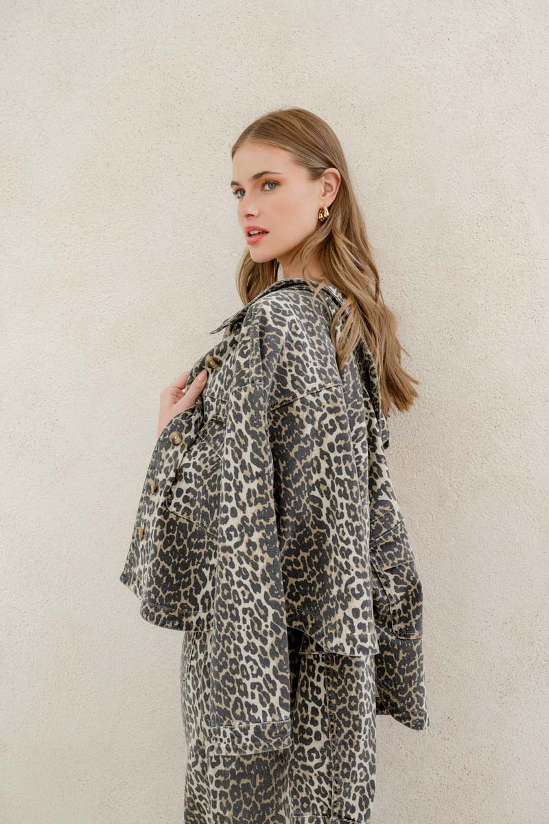 Echo Leopard Print Patch Pocket Denim Jacket