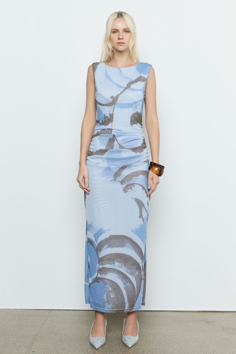 Whirl Slate Mesh Print Sleeveless Maxi Dress